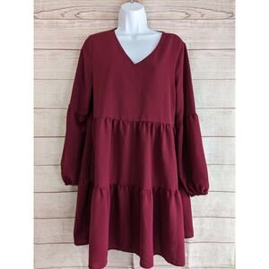 MissLook Women's 3/4 Sleeve V-Neck Mini Swing Dress Burgundy Size M